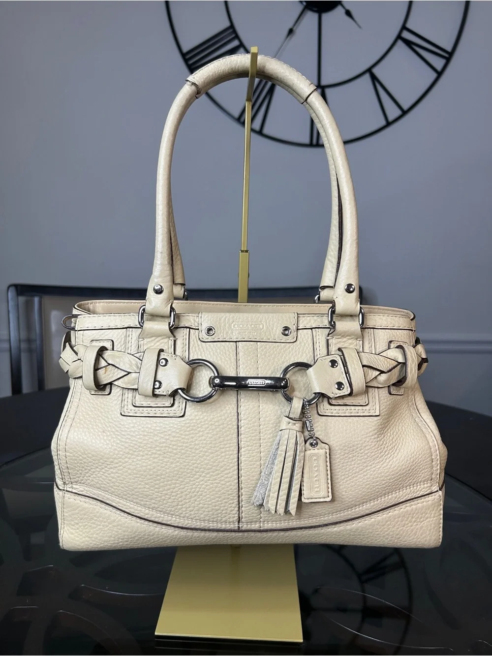 Y2K Coach Hamptons Leather Braided Horsebit Satchel Cream Beige Shoulder Bag